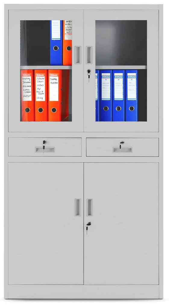 Fém iratszekrény vitrinnel és fiókokkal EDMUND, 900 x 1850 x 400 mm, szürke