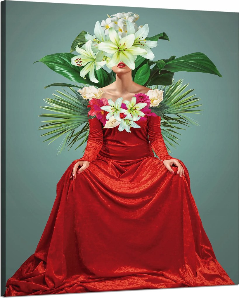 Vászonkép Piros Ruha Nő Virágok 80x100 cm