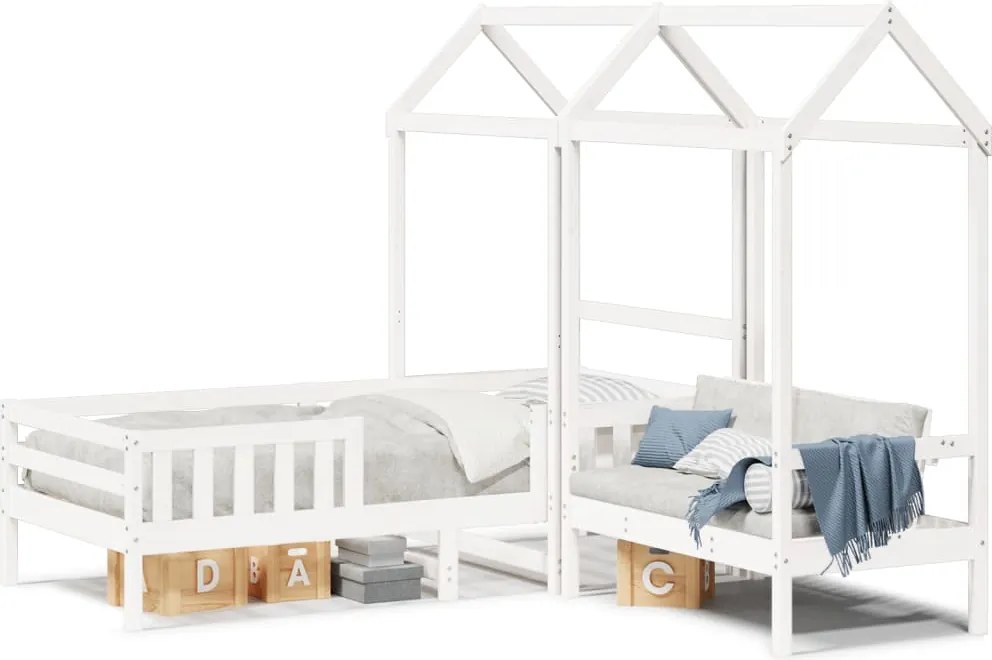 vidaXL fehér tömör fenyőfa ágy és pad szett tetővel 75 x 190 cm
