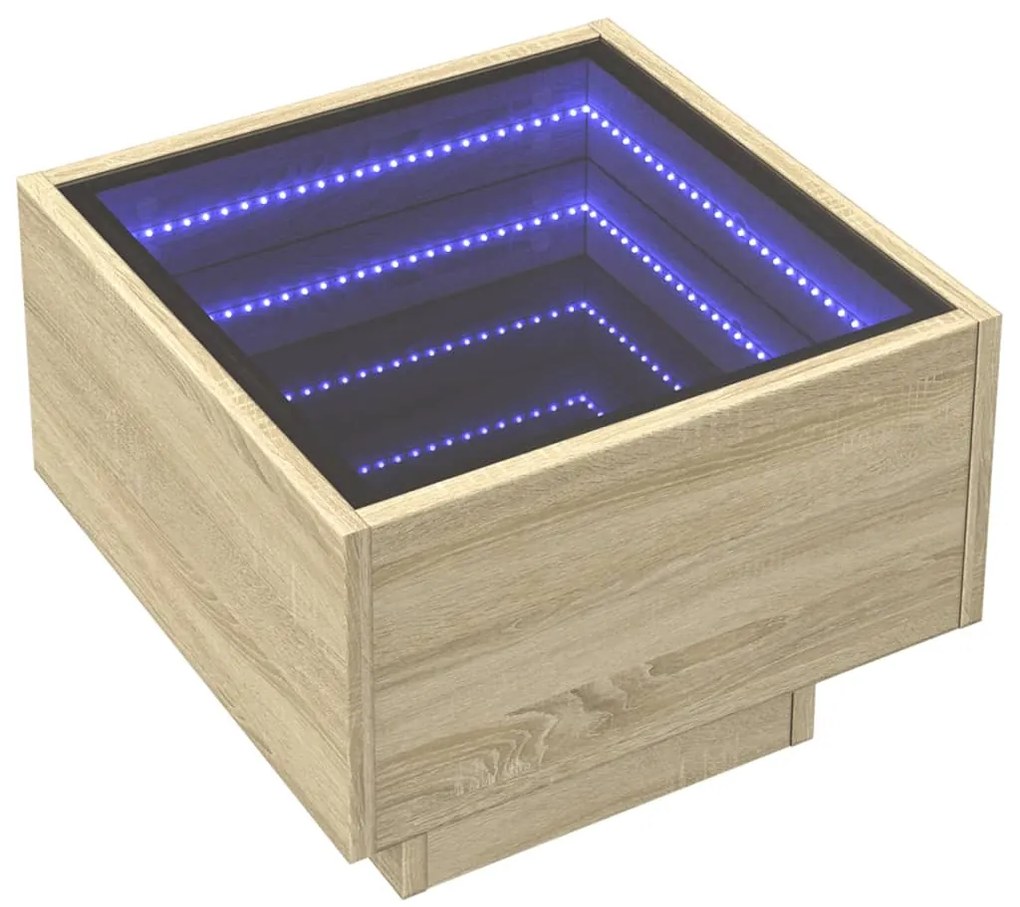 Sonoma tölgy színű szerelt fa kisasztal LED-del 40 x 40 x 30 cm