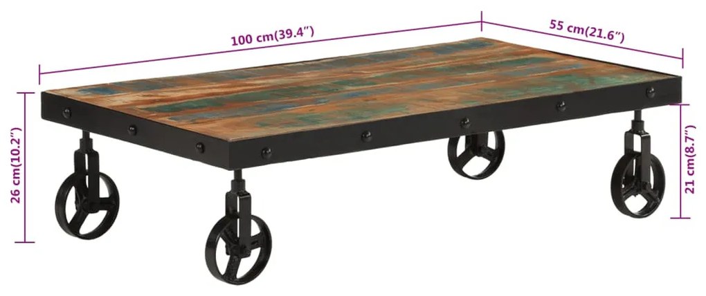 tömör újrahasznosított fa kerekes dohányzóasztal 100x55x26 cm