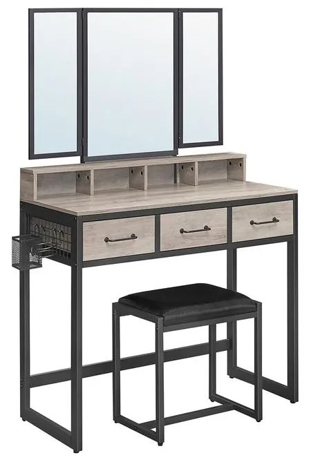 VASAGLE Fésülködőasztal 3 részes lehajtható tükörrel szürke-bézs és fekete színben
