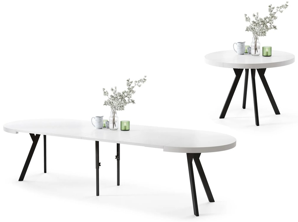 Mazzoni EXPANSO Fehér Matt/fekete lábak - LOFT/IPARI STÍLUSÚ 310 cm-re BŐVÍTHETŐ NAGY KEREK ASZTAL Ø110 Y LÁBAKKAL