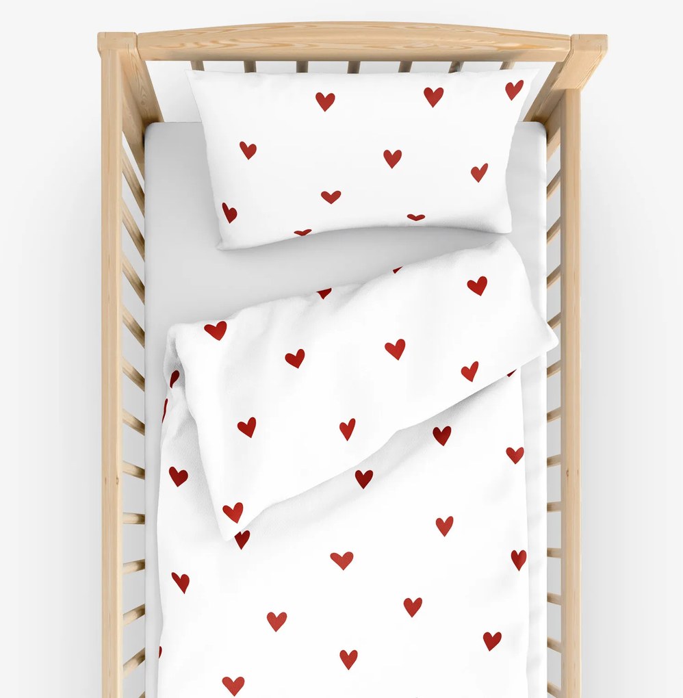 Goldea gyermek pamut ágyneműhuzat kiságyba - piros szívecskék, fehér alapon 110 x 125 és 35 x 55 cm
