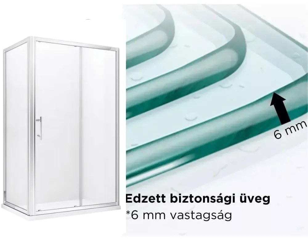 Stuxi Delhi 130x80 aszimmetrikus szögletes tolóajtós zuhanykabin 6 mm vastag vízlepergető biztonsági üveggel, krómozott elemekkel, 200 cm magas