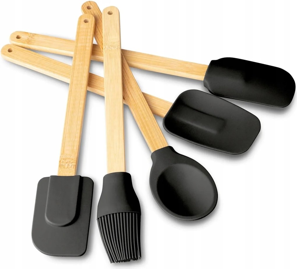 5 db-os fa szilikon konyhai eszköz szett fekete