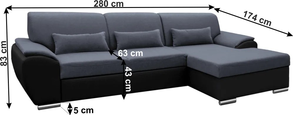 Ülőgarnitúra, fekete/sötét szürke, jobbos, EMILY ROH MALÝ