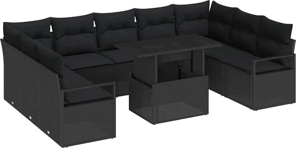 vidaXL Kerti Kanapé Szett párnával 10 pcs Fekete polirattan