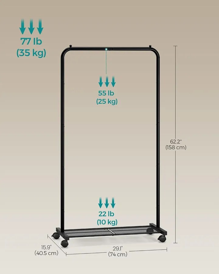 SONGMICS Görgethető Acél Ruhatartó Állvány, PATAYE, 74 cm, Fekete