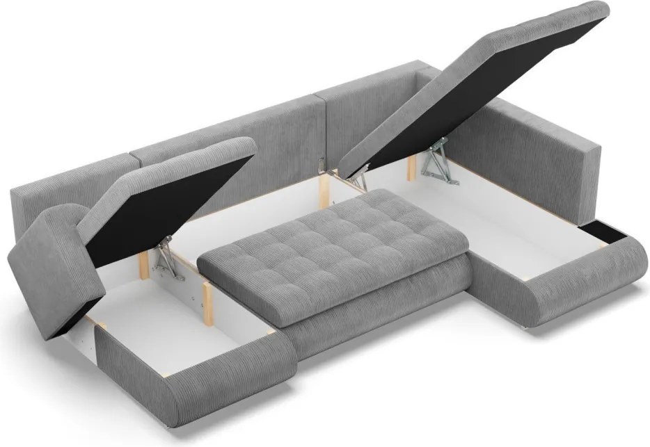 Tokio U sarokkanapé, 3 ágyneműtartóval, kordbársony, jobboldali, szürke