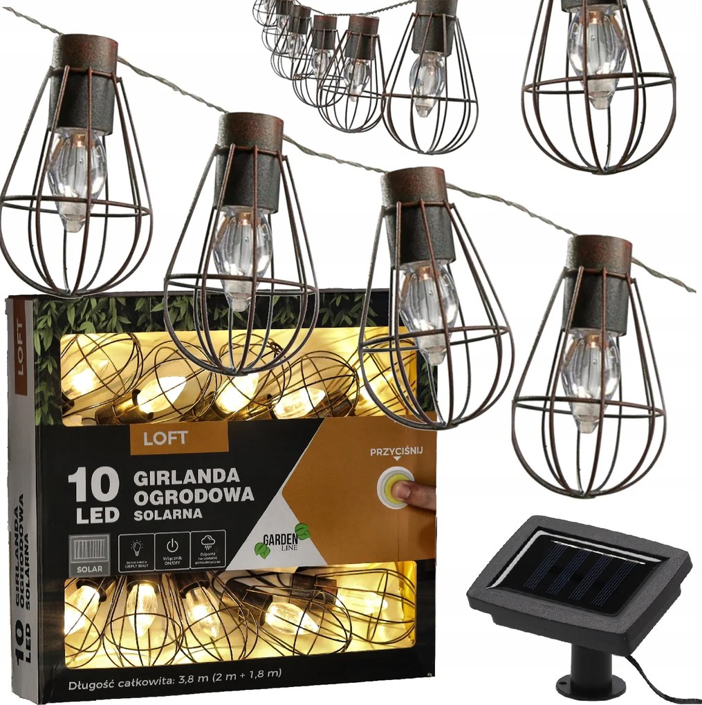 Napelemes Kerti Erkély Fényfüzér 2+1,8M Loft Izzó 10 Led Meleg Fehér