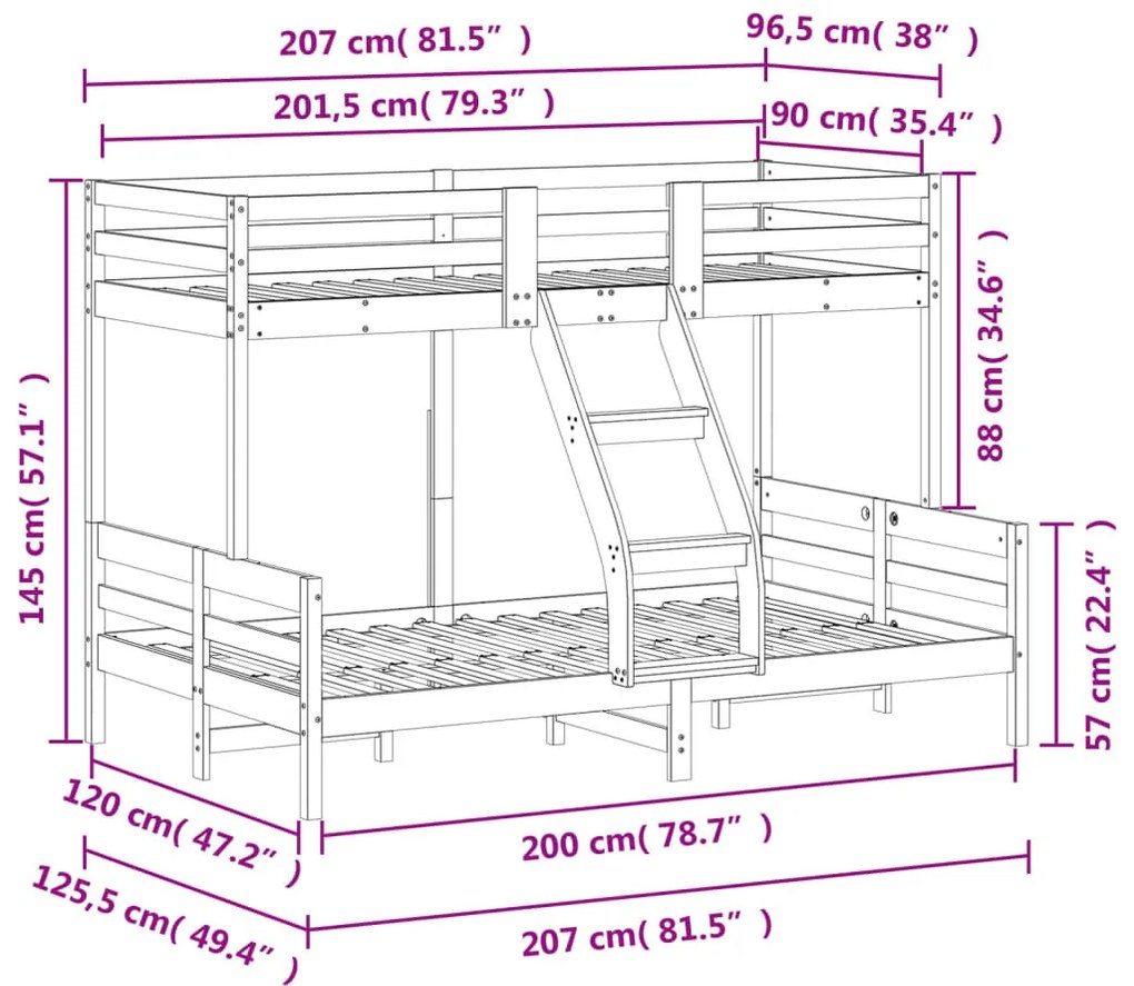 tömör fenyőfa emeletes ágy 90x200/120x200 cm