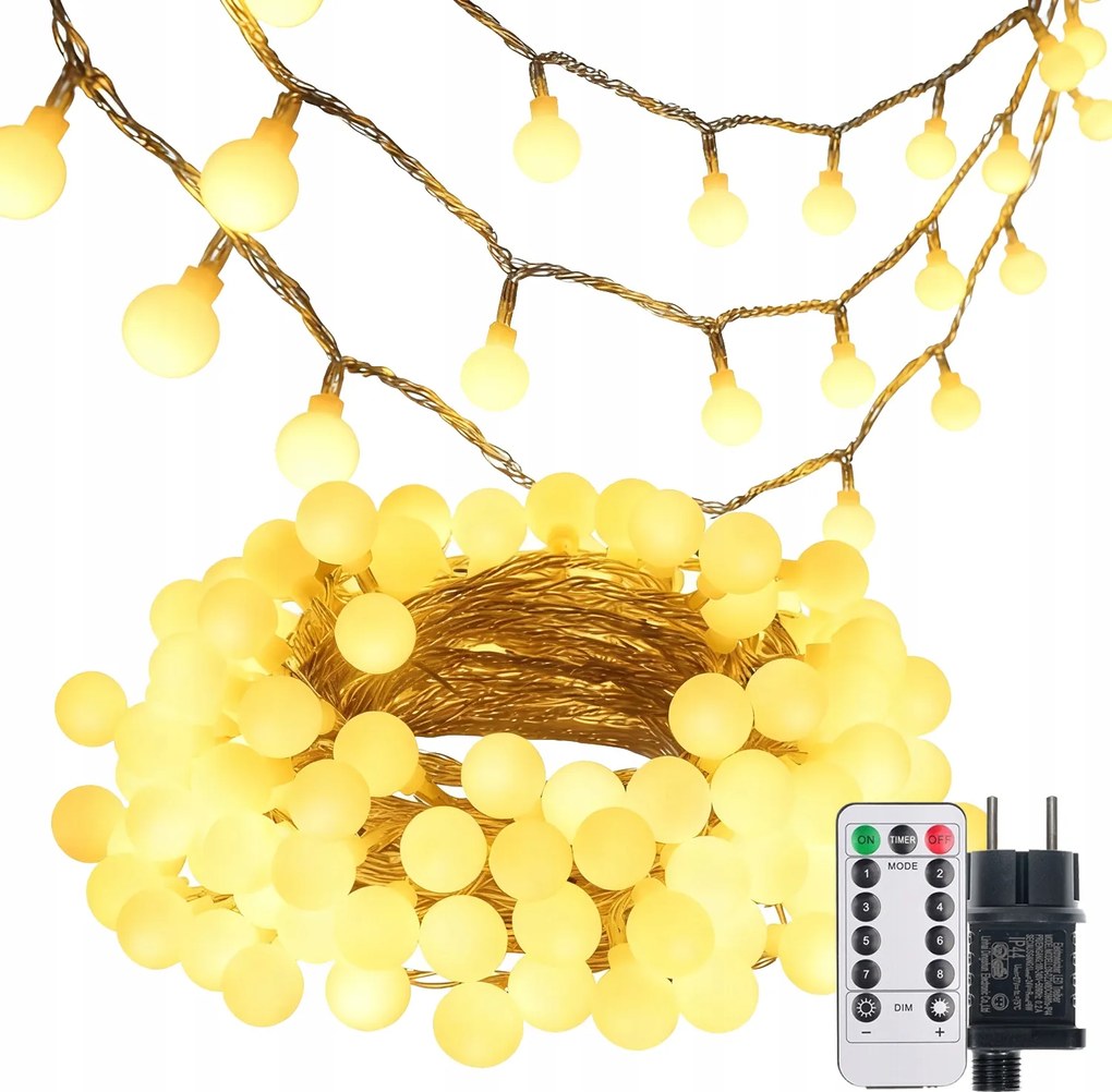 Karácsonyfa Fényfüzér Golyók 100LED Kültéri Beltéri Fehér Meleg Mese 15M