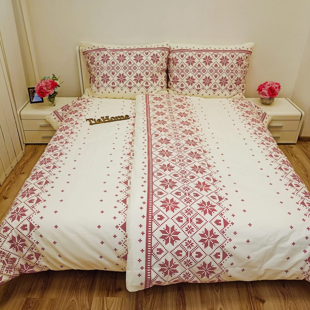 Etnico bordó pamut lepedők TiaHome - 1x Párna 90x70cm, 1x Paplan 140x200cm