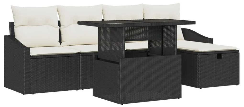 6 darabos kerti kanapé szett párnákkal fekete poli rattanból