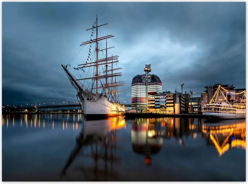 Poszterek 135x100 Vitorláshajó a kikötőben éjszaka