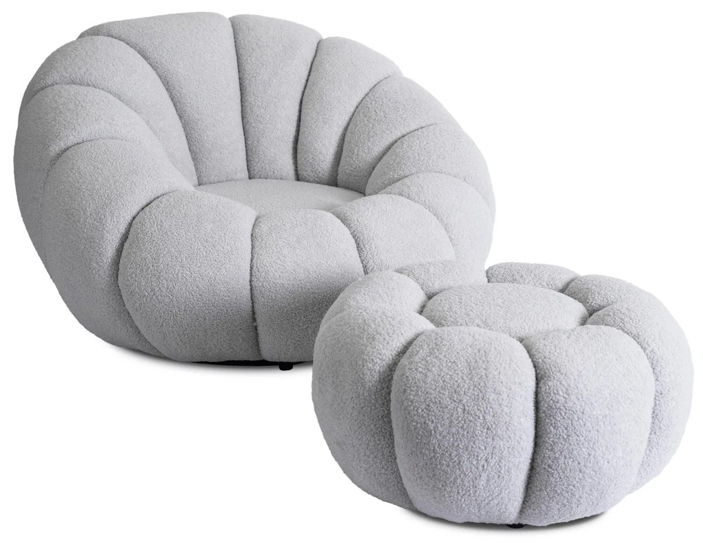 Designer Fotel Lábtartóval Szürke Bouclé Szövettel. PETTIT