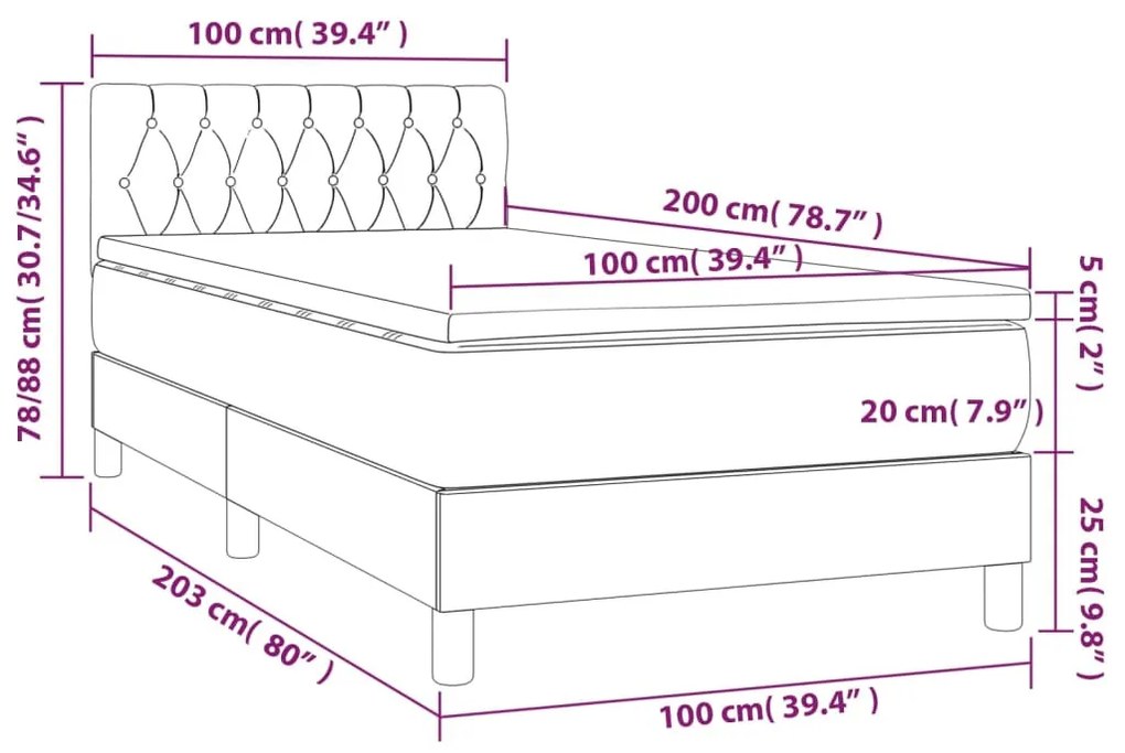 tópszínű szövet rugós és LED-es ágy matraccal 100x200 cm