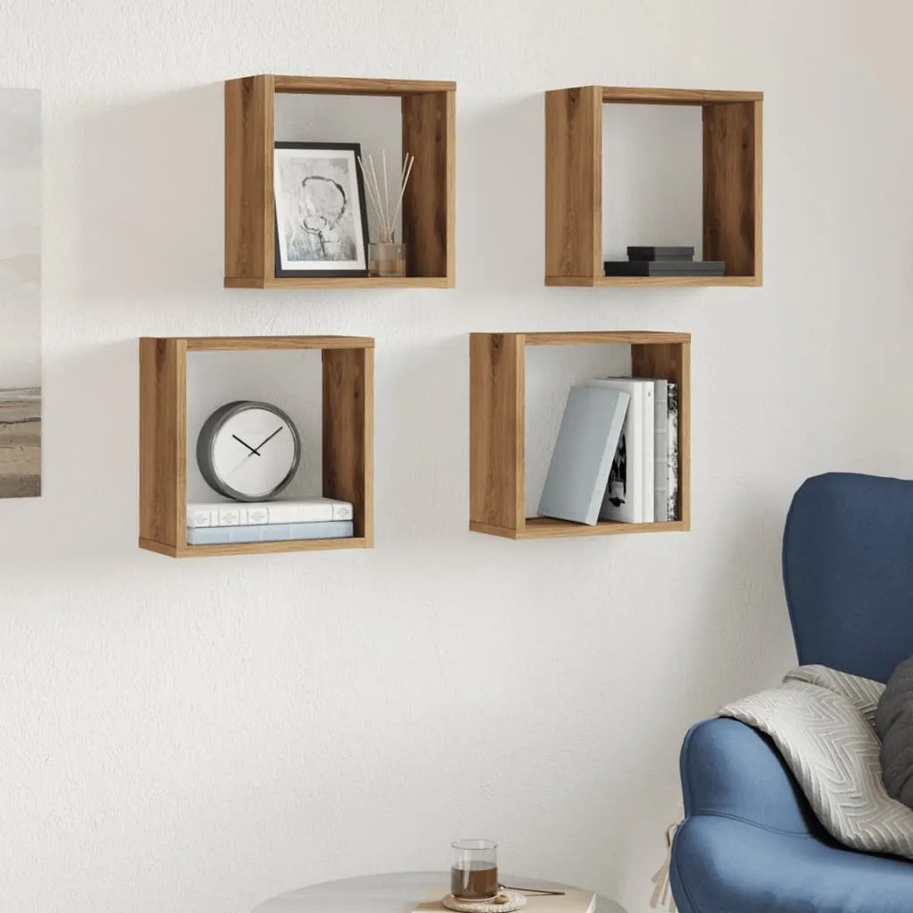 4 db kézműves tölgyszínű szerelt fa fali kockapolc 30x15x30 cm