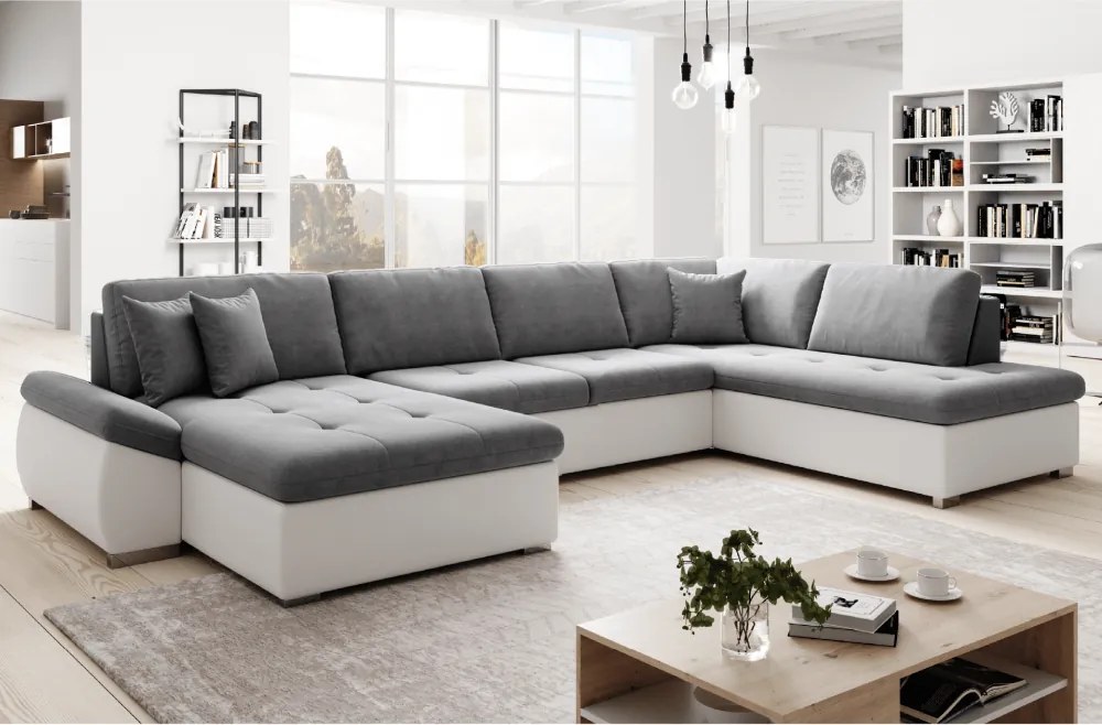 Kinyitható ülőgarnitúra, fehér/szürke, jobbos, MATAR U