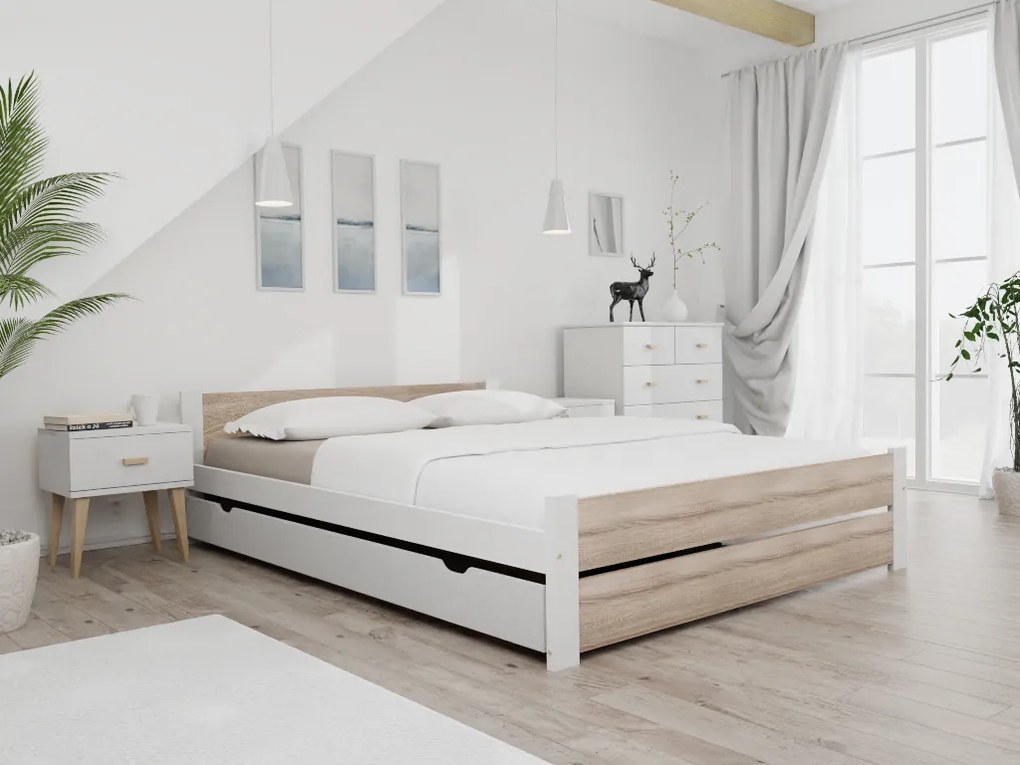IKAROS DOUBLE ágy 140 x 200 cm, fehér/szonomatölgy Matrac: Deluxe 10 cm matraccal, Ágyrács: Deszkás ágyráccsal