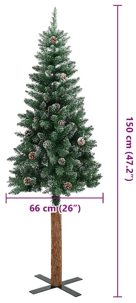 zöld vékony karácsonyfa valódi fával és fehér hóval 150 cm