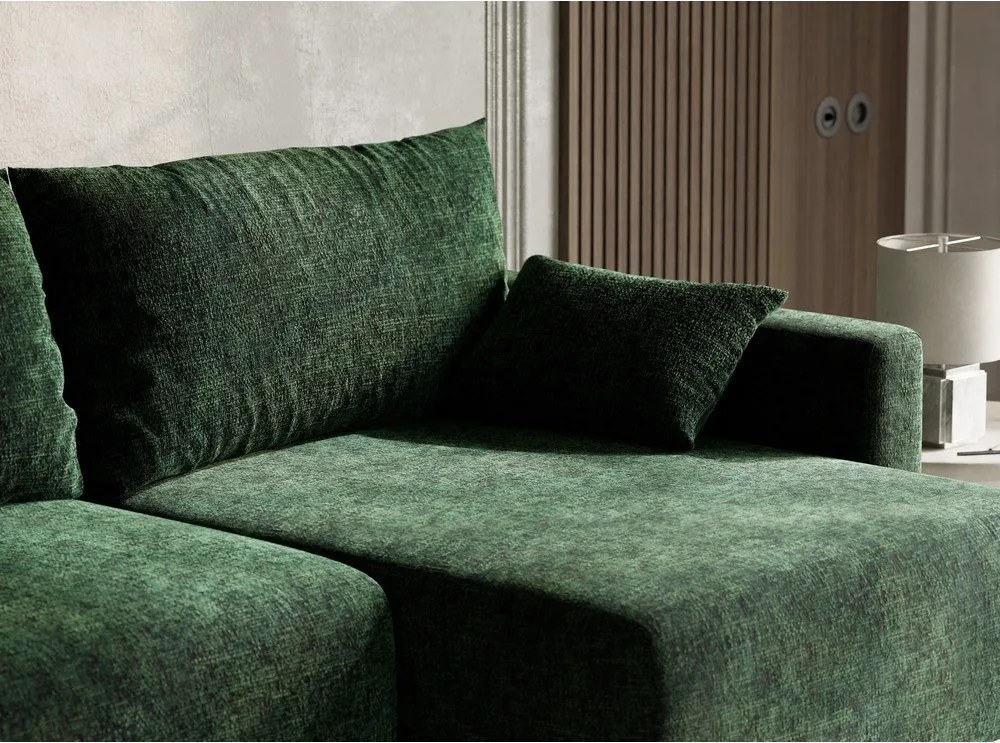 Sötétzöld zsenília kinyitható-tárolóhelyes sarokkanapé (jobb oldali-heverő résszel) Leon – Maison de Rêve
