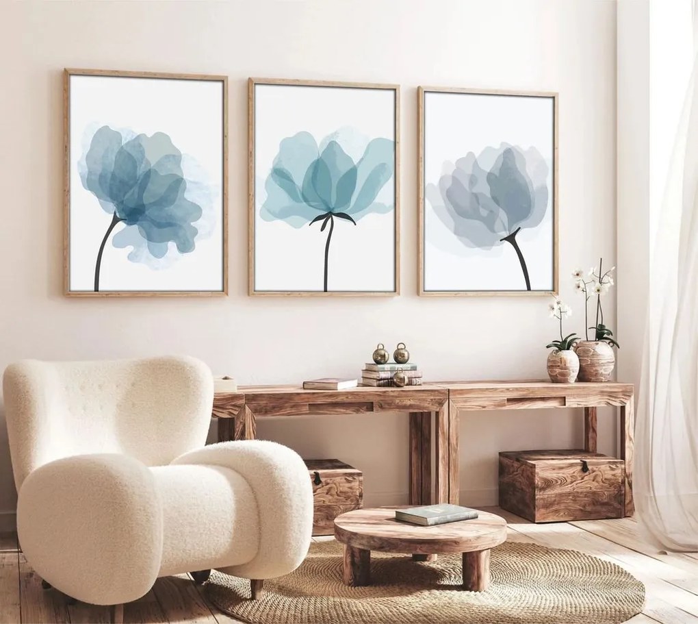 Falikép szett, 3 db, virágok, kék - fekete, 50x70 cm - TRIO
