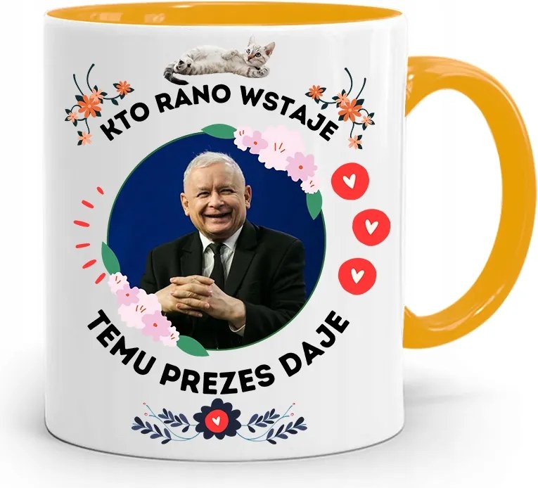 Sárga Vicces Bögre Jaroslaw Kaczynski felirattal, fényképpel