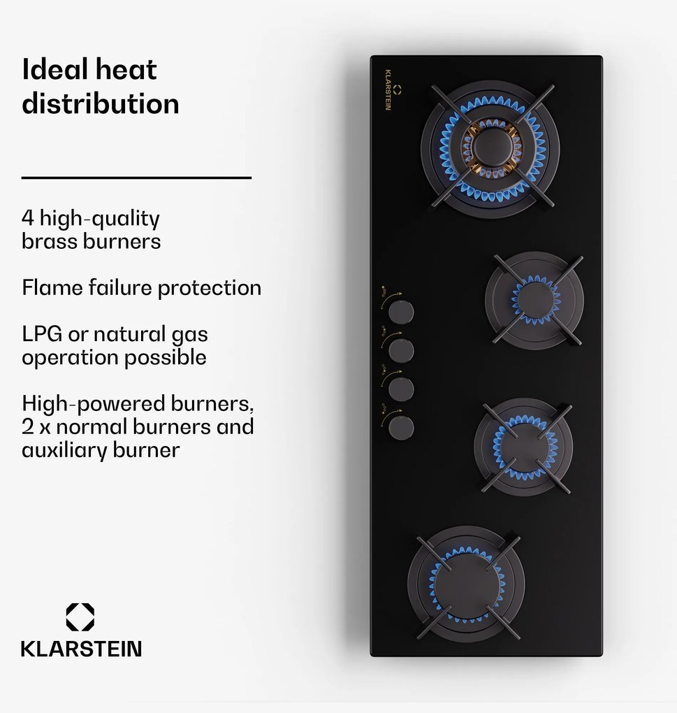 Klarstein Goldflame 4 Slim, gáz főzőlap, 4 égő, önálló, földgáz/propán, rozsdamentes acél