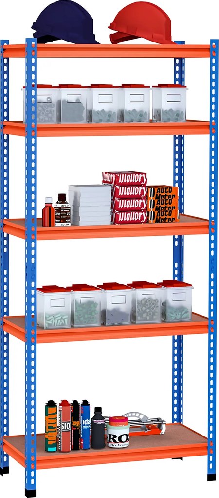 HOMCOM Fém Tárolószekrény 80x40x182 cm 5 Állítható Polccal, Polconként 300 kg Teherbírással Raktárba, Garázsba, Műhelybe Kék és Narancs | Aosom