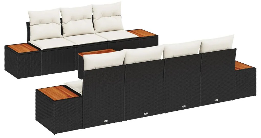 8 részes kerti kanapé szett párnákkal fekete poly rattan akác