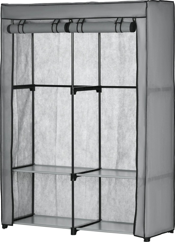 HOMCOM Szövet Szekrény 2 Ruharúddal, 4 Polccal és Cipzárral, Összecsukható Szövet Ruhásszekrény Hálószobába, Öltözőbe, 118 x 49 x 170 cm, Világosszürk