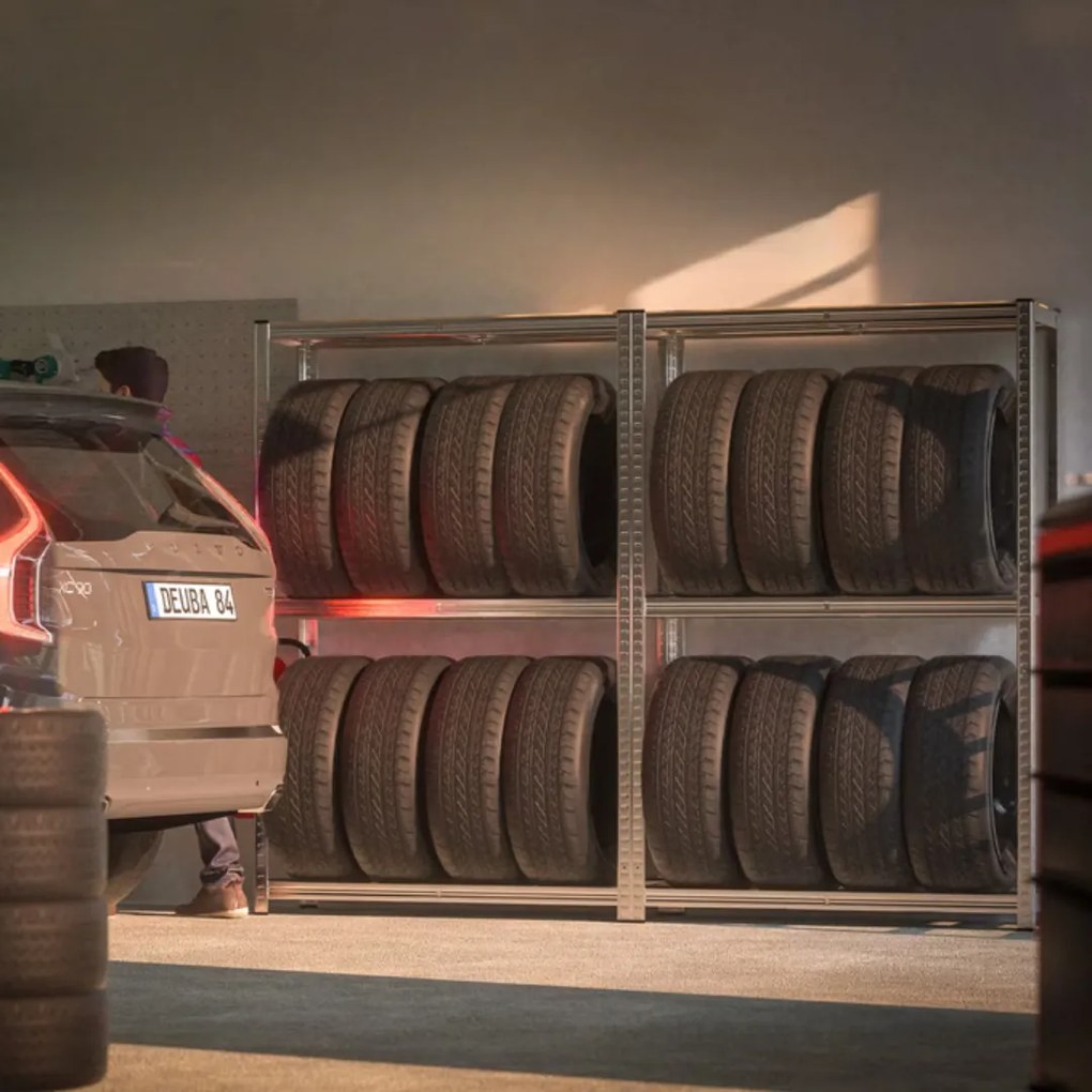 TYRE abroncstároló polc, 120x40x180cm, max 795kg, ezüst/világosbarna Jurhan