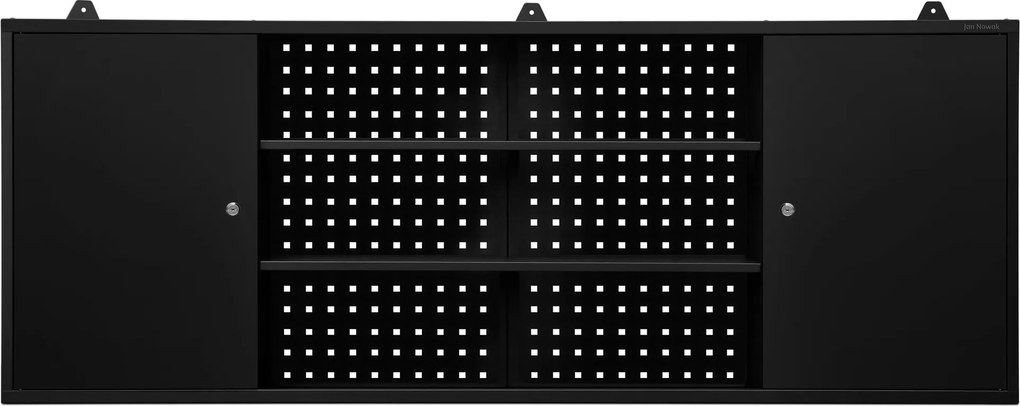 Függesztett műhelyszekrény perforált táblával, fekete, 1600x600x200 mm: LEO All Black