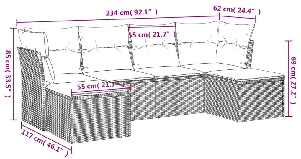 6 részes világosszürke polyrattan kerti ülőgarnitúra párnákkal