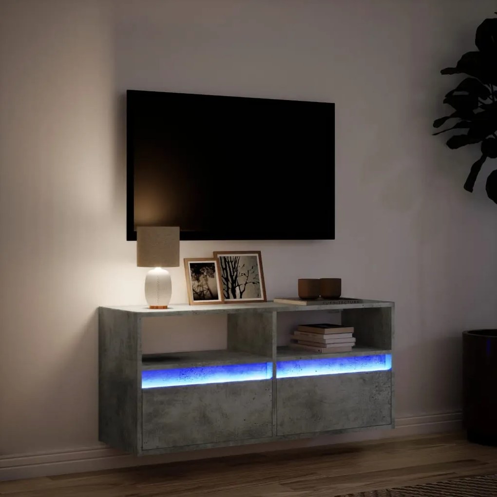 betonszürke falra szerelhető TV-szekrény LED-del 100x31x45 cm