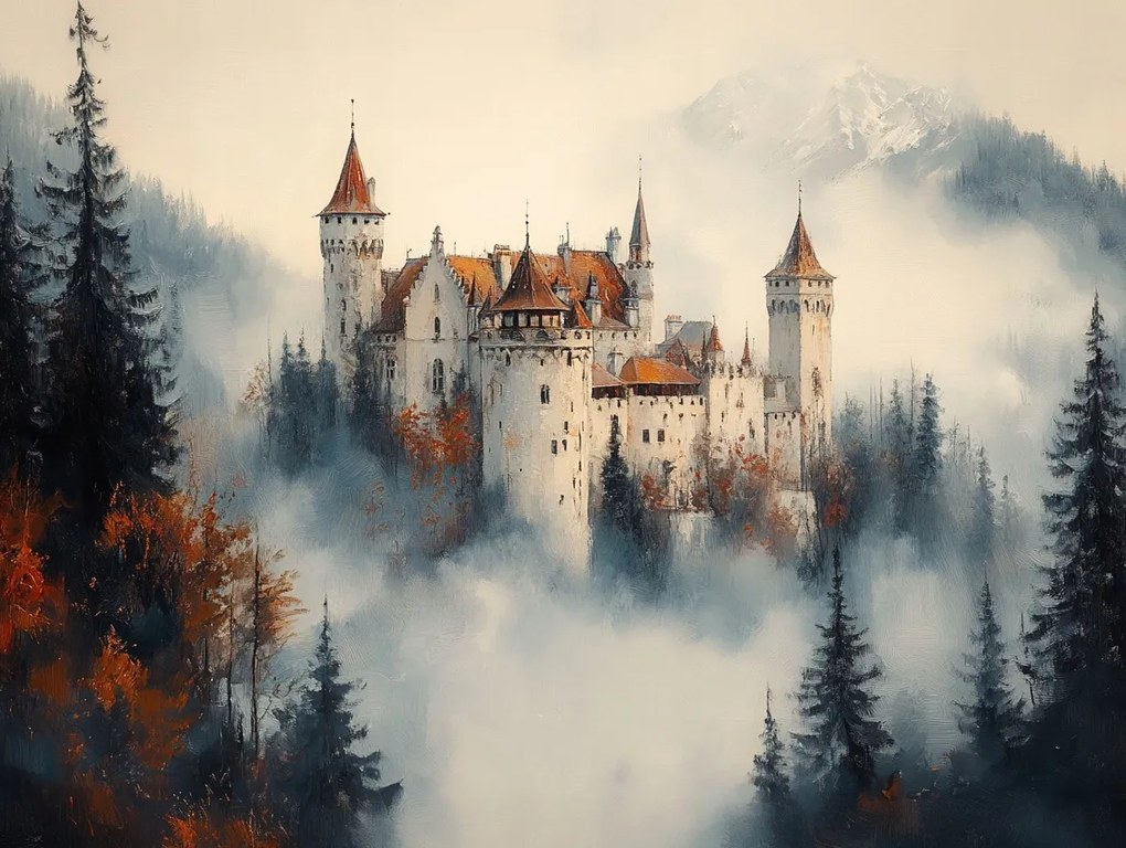 Vászonkép Canvas Építészet Kastély Palota Erőd Hegyek Köd 80x60