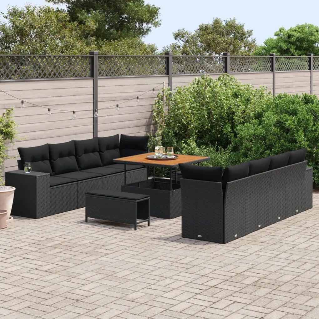 11 darabos kerti kanapészett párnákkal, fekete poly rattan akác, 3 darabos kerti étkező szett párnákkal, fekete poly rattan akác