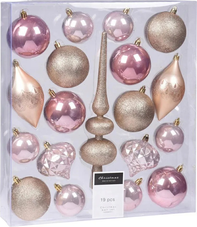 Karácsonyfadísz szett 19 db-os Törhetetlen spicc Rózsaarany 19el. Gömb