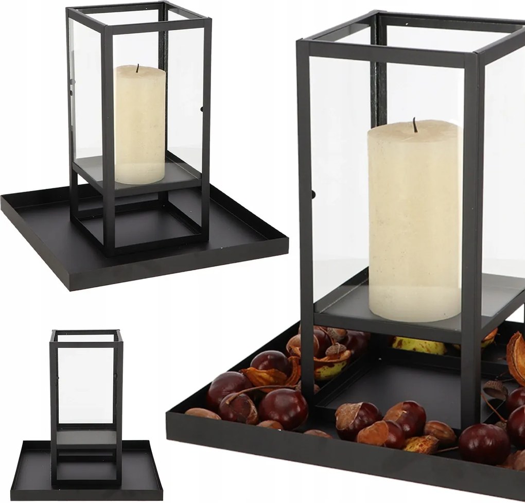 Asztali Lampion Otthonra És Teraszra, Állvánnyal, Gyertyatartóval, Fekete Fém