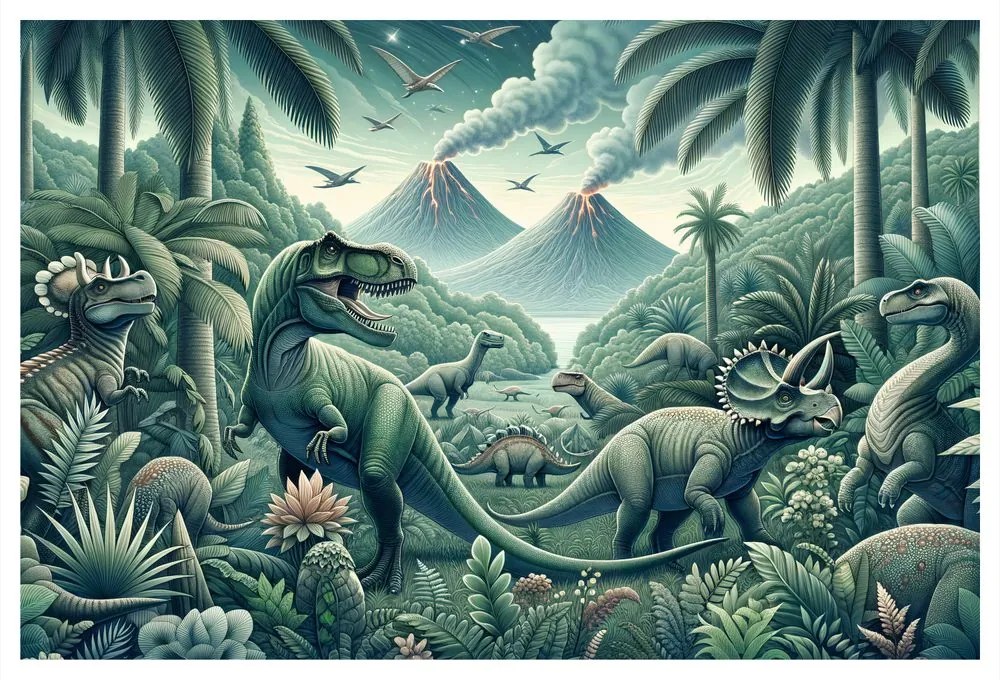 Kép dinoszauruszok vulkános őserdőben