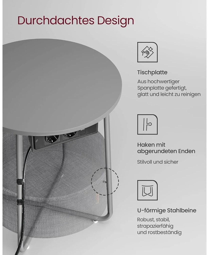 Kerek dohányzóasztal usb töltő porttal, kis asztal aljzattal, szürke-palaszürke