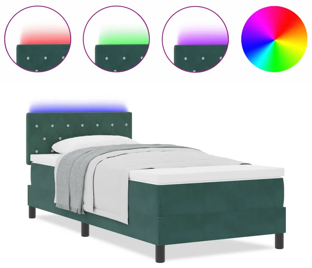 vidaXL LED Box Spring Ágy matracmal Sötétzöld 90 x 200 cm Bársony