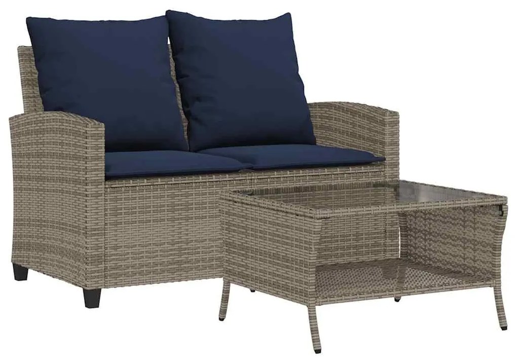 2 személyes szürke polyrattan kerti kanapé asztallal&amp;párnával