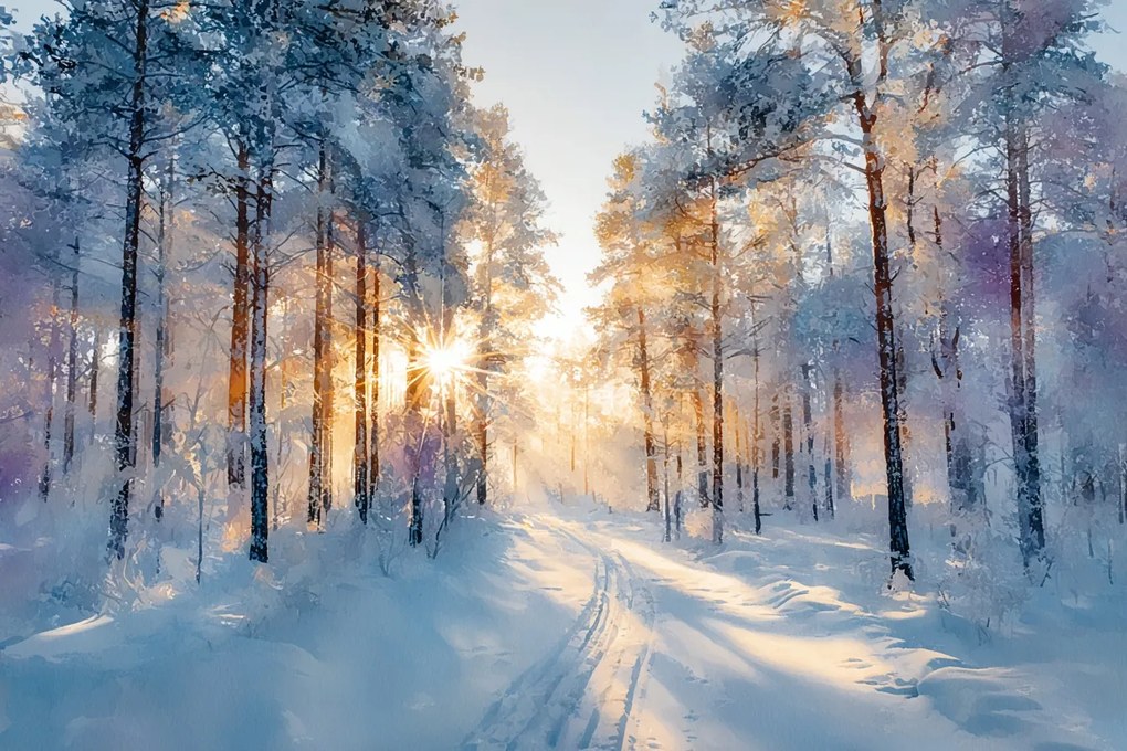 Fotótapéta Flizelina Erdő Fák Út Tél Hó Fagy Nap 368x254 ragasztó