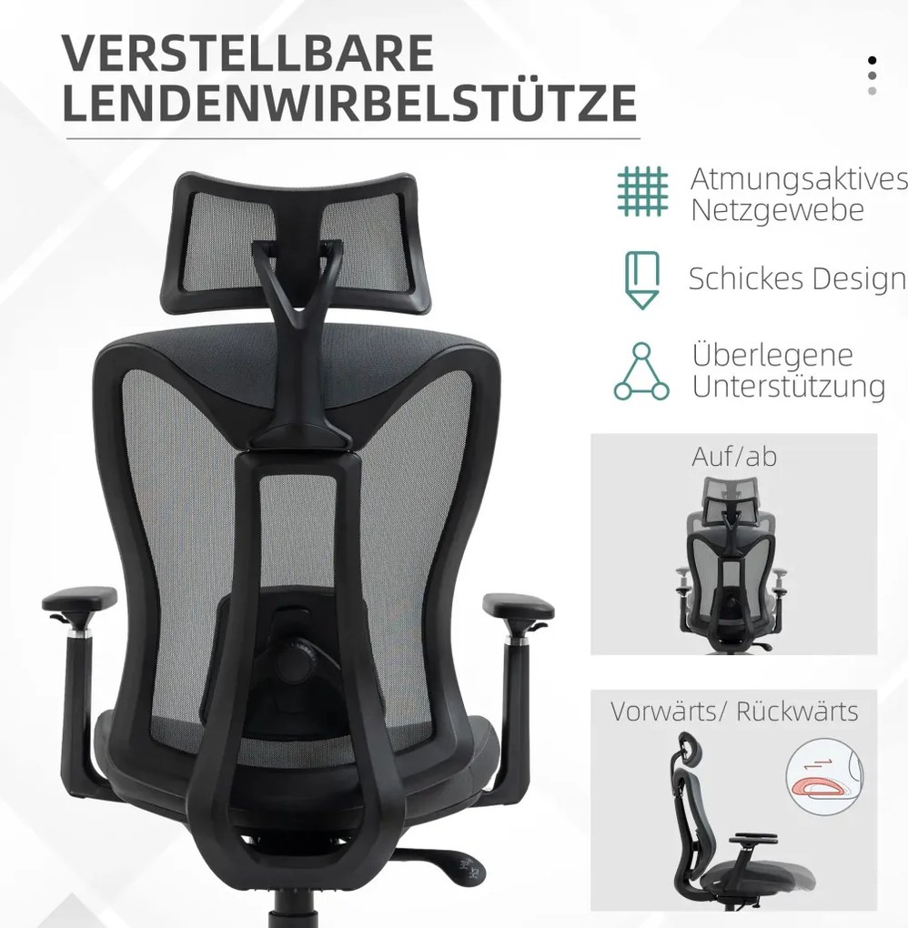 Vinsetto Ergonomikus irodai szék, 135-os dőlésszög, állítható magasság 3D, szürke