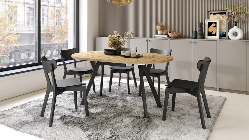 Mazzoni ALDO Artisan tölgy/fekete lábak - LOFT/IPARI STÍLUSÚ BŐVÍTHETŐ KEREK ASZTAL NAPPALIBA/ÉTKEZŐBE "Y" ALAKÚ LÁBAKKAL