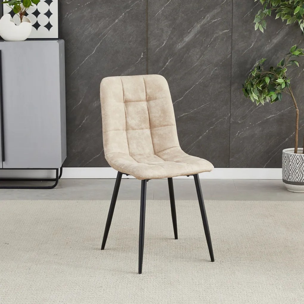 Scaun de sufragerie, material crem, picioare metalice negre