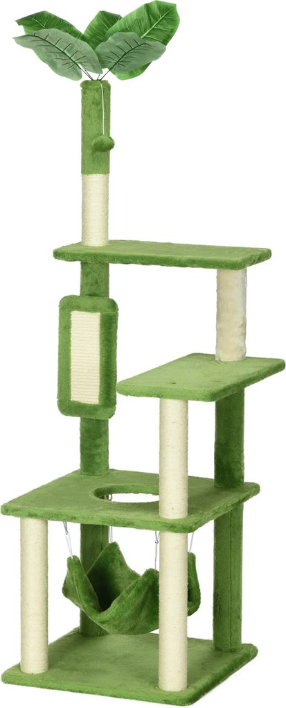 PawHut Macskakaparással 142 cm, Macska Fa Hálóval, Labda Játékkal, Szizál Macskakaparással és Stabilizáló Rendszerrel, Zöld | Aosom